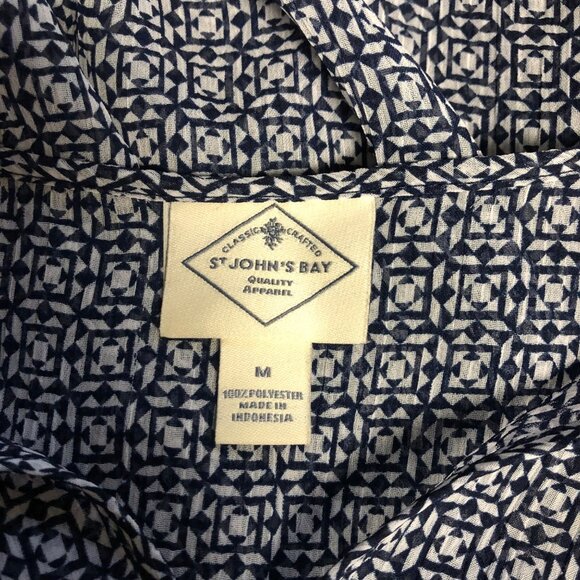 St Johns Bay Sheer Blouse Womens Sz Medium Geometric Blue White Tassel Tie Boho - Picture 6 of 10